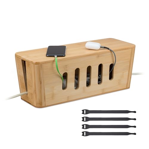 Relaxdays Kabelbox für 2 Steckdosenleisten, Bambus, HxBxT: 16,5 x 44 x 16 cm, Kabel verstecken, Steckdosenbox, natur