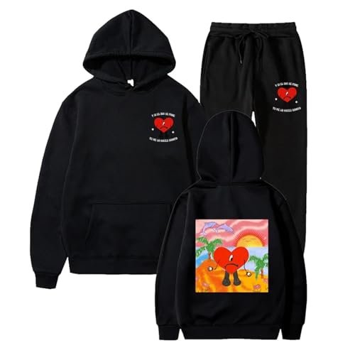 Trconk Sportbekleidung Bad Bunny Doppelseitiger Druck Kapuzenpullover Satz Unisex Trend Straße Hip Hop Sweatshirt Set Männer Frauen Kapuzenpulli + Jogger Hosen Satz-Black||S