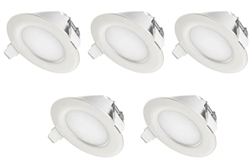 TEVEA Ultra Flach LED Mini !! Einbaustrahler IP44 für den Wohnbereich | auch für das Bad geeignet| 3W 230V Rahmen weiss Rund Einbauspots Badleuchten, 5 Stück Einbauleuchten (Neutralweiss)