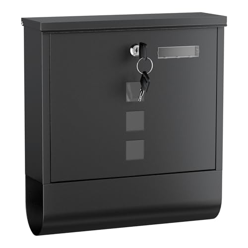 Wiltec Briefkasten mit Zeitungsrolle, schwarz, 305 x 95 x 335 mm, Wandbriefkasten mit Namensschild, Sichtfenstern, Schloss und Zeitungsrolle, Postkasten aus pulverbeschichtetem Stahl