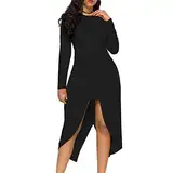 Damen Asymmetrisch Midikleid Langarm Geraffter Midilang Bodycon Bleistiftkleid Einfarbig Schlitz Hips-Wrapped Knielang Kleid (L,Schwarz)