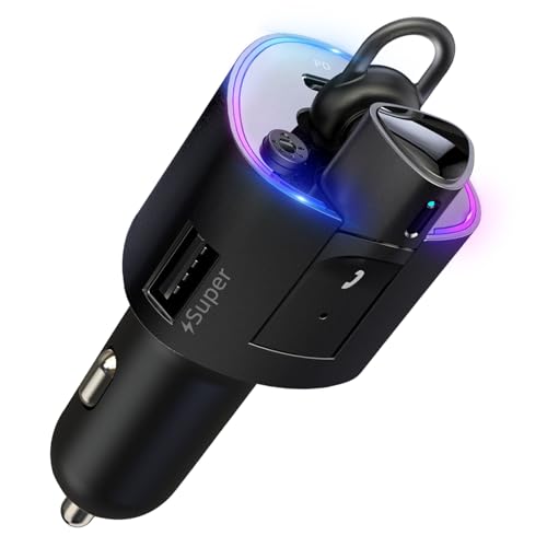 OBEST USB Kfz Zigarettenanzünder Adapter, 2 in 1 Schnell Ladegerät mit Kabelloses Bluetooth Headset, Auto Kopfhörer mit Sprachsteuerung, Anrufannahme, Schnellladung mit Handy, LED Display, Schwarz