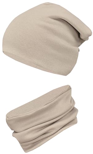 TupTam Kinder Mütze/Beanie und Schlauch Schal Set aus Jersey und Rippstoff, Farbe: Beige, Größe: 52-56