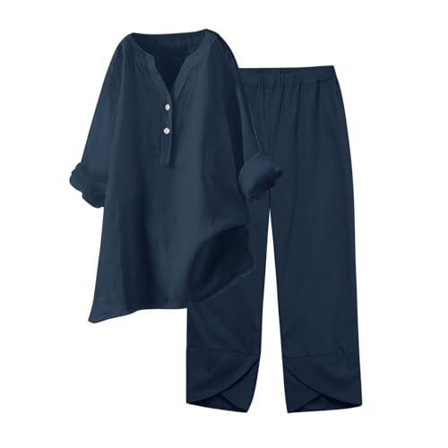 QWUVEDS Sommerlicher Damen-Freizeitanzug Leinen 2-teiliges Damen-Outfit, weites Bein, Bluse, Taschen, elastische Hose, lässiges V-Ausschnitt-Hemd, Hose, modische Streetwear Kurz Damen (1-Navy, L)