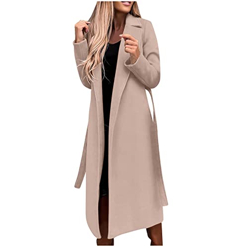 Lange Trenchcoat Damen Elegant Einfarbig Wollmantel Langarm Revers Winterjacke Schlanke Jacke Windbreaker mit Gürtel Herbst Winter Übergangsjacke Schlitz Wintermantel Warme Wolljacke Mantel Windjacke