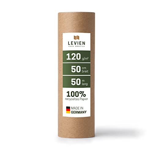 Levien Packpapier Rolle, 120g/m², braun, 50cmx50m, 100 Prozent recyceltes Kraftpapier, nachhaltig. Ideal zum Verpacken, als Füllmaterial, Geschenkverpackung, für Pakete, Basteln, Umzug