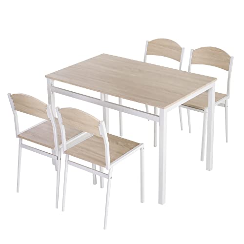 HOMCOM 5-teilige Essgruppe Küchentisch mit Metallgestell Esszimmergruppe Sitzgruppe Esstisch Set Holzmaserung MDF + Metall Grau + Weiß mit 1 Tisch + 4 Stühlen