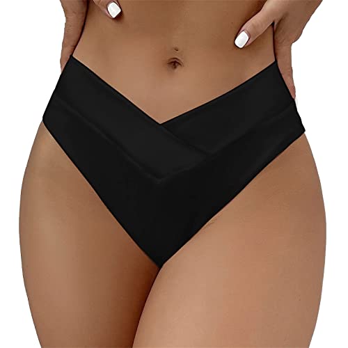 Damen-Badehose, V-Ausschnitt, hohe Taille, Hipster, hoher Schnitt, Bikini, Badeanzug, zweiteilige Shorts (Schwarz, L)