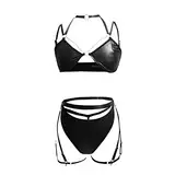 Dessous 3er Pack PU Geschirr Dessous Set mit Kette verbundener Handring Sexy Unterwäsche Für (Black, XL)