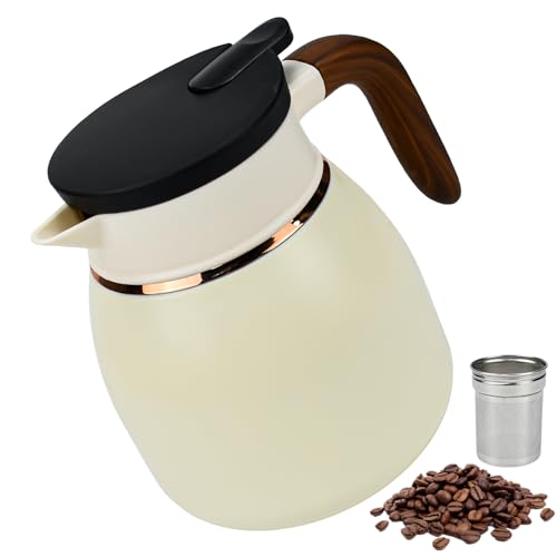 KNGNGK 1,1 Liter Isolierkanne 316 Edelstahl Thermokanne Thermo Kaffeekanne Vakuum Teekanne Kaffee Warmhaltekanne Tee Isolierkaraffe Thermokaraffe 12h heiß 18h kalt Weiß 1100ml Isolierkanne Holzgriff