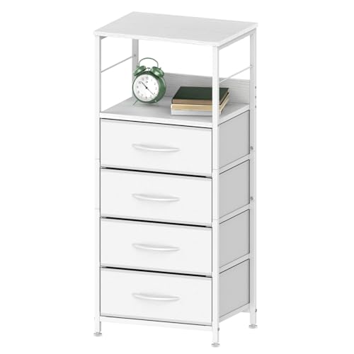 CADUKE Schrank mit Schubladen, Kommode mit 4 Stoffschubladen, schmaler Aufbewahrungsschrank aus Stoff mit Metallgestell für Flur Kinderzimmer Wohnzimmer (Weiß)