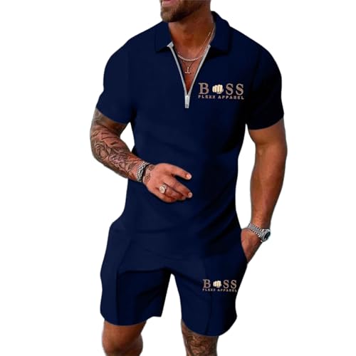 Generisch Sommer Outfit Herren 2 Teiler mit Monogramm Sportanzug Poloshirt + Sport Shorts Freizeit Jogginganzg Zweiteiler Fitnessanzug mit Taschen Lässiger Stylischer Traininganzug