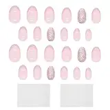 24 Stück Gefälschter Nagellack, 48 Stück Maniküre-Gelee-Kleber, Runder Nagellack, Glitzer-Nagellack, Wiederverwendbarer Nagellack, Damen-Accessoires (Rosa)