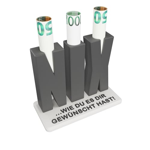 Nichts Geschenk – 3D NIX Buchstaben auf Sockel mit Geldschein-Loch – Witziges Nix Geschenk zum Geburtstag, als Mitbringsel oder Nichts zu verschenken – Kreatives Geldgeschenk Nix - Nicht - Nich