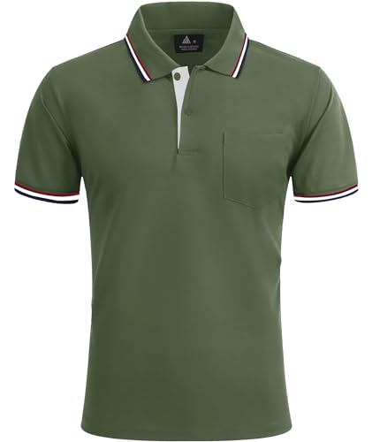 zitysport Poloshirt Herren Kurzarm Shirt Atmungsaktives Golf Polo Shirt Männer Sommer Shirts Sport Basic Slim Fit Tshirt mit Brusttasche Polohemd(Militärgrün-XL)