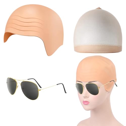 3 Stück Glatzenkappe,Bald Cap,Glatze PerüCke,Glatze Hutkappe,Latex Erwachsene Karneval,Halloween-Maskerade-Partys,Motto-Accessoires,MäNnerspiel,Lustige KostüM-Accessoires (Kopfbedeckung Und Brille)
