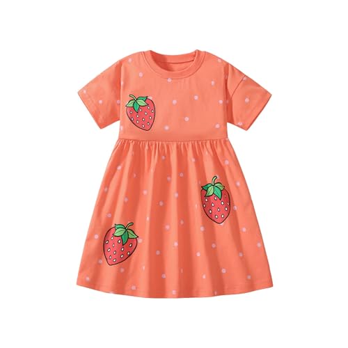 Mädchen Kleid Sommerkleid Kurzarm Rundhals mit Erdbeeren Druck Punkte A-Linie Freizeitkleid Kinderkleid Baumwolle Bequem Niedlich für Alltag Spielplatz Weich Süßes T-Shirt Kleid