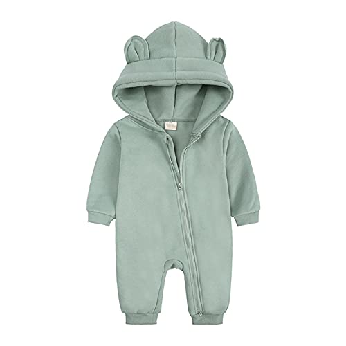 Alunsito Neugeborenes Baby Overall Bärenohr Mit Kapuze Strampler Langarm Reißverschluss Bodysuit Herbst Winter Outwear Outfits Grün 59 0-3 Monate