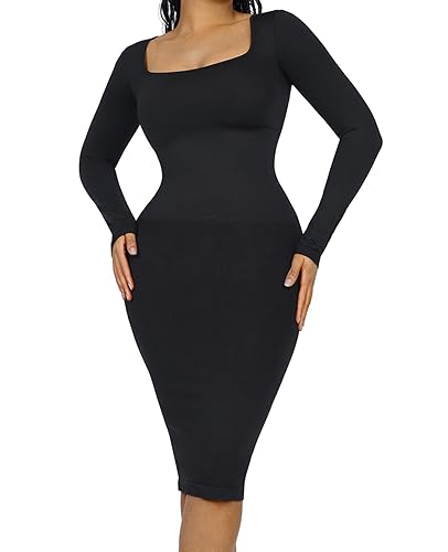 FeelinGirl Bodycon Kleid Shapewear für Damen mit Abnehmbarem BH-Pad Seamless Recyceltes Material Shaping Dress Langes mit Langarm Bauchweg Elegant Schwarz XS/S