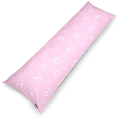 PinkZebra Seitenschläferkissen Bezug 40 x120 cm aus 100% Baumwolle, Kissenbezug für Kinder & Erwachsene, Kissenhülle mit Reißverschluss, Öko-tex Standard 100, Herzchen Pink