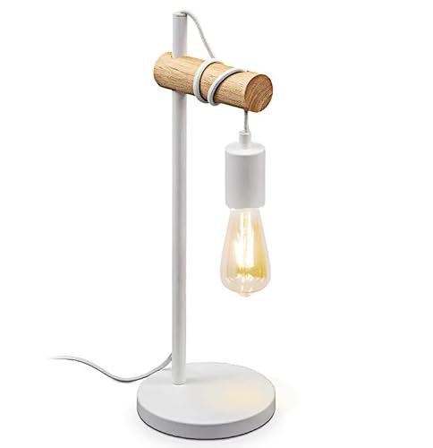 Goeco Nachttischlampe Vintage, Industrial Design E27 Tischlampe aus Holz und Metall, Rustikal Beleuchtung Lampe für Schlafzimmer, Arbeitszimmer, Schlafsaal, Weiß