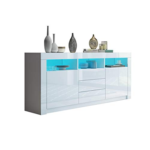 Ikewaier Moderner Sideboard Schrank Kommode in Front Hochglanz 2 Türen 3 Schubladen Esszimmer Küche Buffet Küchenschrank mit LED Streifen 160cm (Weiß)