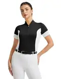 FitsT4 Sports Damen Reitshirt Kurzarm Reithemden Schnell Trocken Funktionsshirt mit Halber Reißverschluss Sommer Reitsport Mädchen Schwarz L