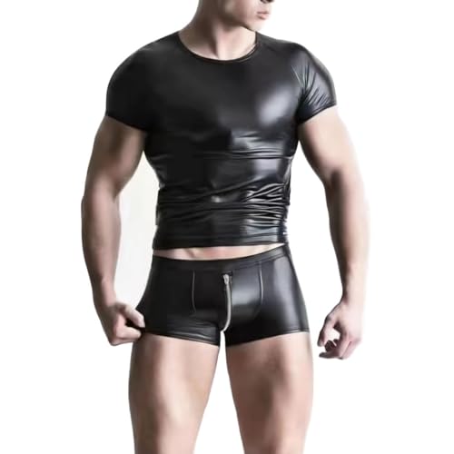 Moinha Herren Wetlook Outfit Leder-Look Shirt und Shorts mit Reissverschluss Sexy Ouvert Bodysuits Dessous Erotisches Männer Kurzarm Unterwäsche Stretch Tops Clubwear mit Ofenem Schritt Shorts