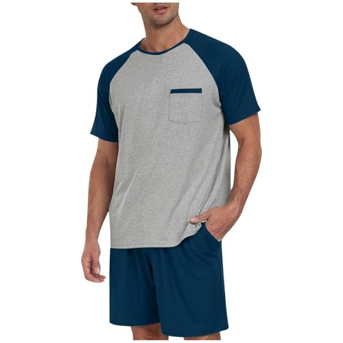 Flodxo Herren Schlafanzug 2er Pack Schlafanzug Baumwolle Shorts Übergröße Lounge Kleidung Sommer Nachtwäsche Schlafanzug Farbblock Pyjamas T-Shirts u, Marina Military, XXXXXL