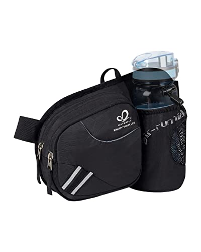 WATERFLY Gürteltasche Bauchtasche mit Flaschenhalter Damen und Herren, Atmungsaktiv Sport Hüfttasche für Laufen Radfahren Camping Klettern Reisen Wandern Joggen Hundetraining Schwarz.