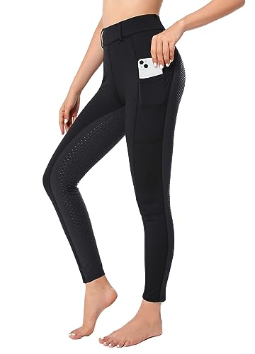 Reitleggings Damen Vollbesatz mit Handytasche, High Waist Reithose Damen Mädchen Stretch mit Gürtelschlaufen Schwarz+Grau L