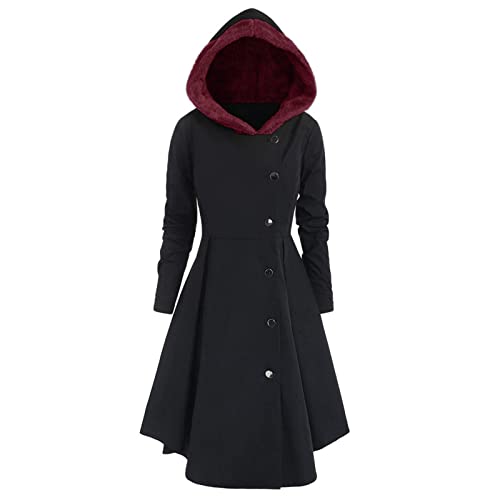 Winterjacke Damen Gothic Mittellange Hoodie Kleid Herbst Winter Wollmantel mit Kapuze Lange Knöpfen Wintermantel Retro Asymmetrisch Saum Mantel Party Kleid Vintage Kapuzenmantel (Schwarz, XXXL)