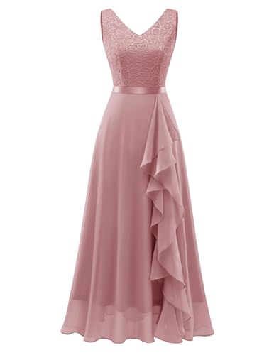 Berylove Cocktailkleid Damen Elegant Hochzeitskleid Vokuhila Kleid Brautjungfernkleider Lange Abendkleider Sommerkleider BLP7082 Blush XL