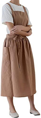 Achsoo Baumwolle Leinen Schürzen Einfarbig Japanischer Stil Kreuz Zurück Schürze mit Tasche Retro Literatur Kunst Blumenladen Kleidung für Damen Herren Küche Kochschürzen (Braun-A)