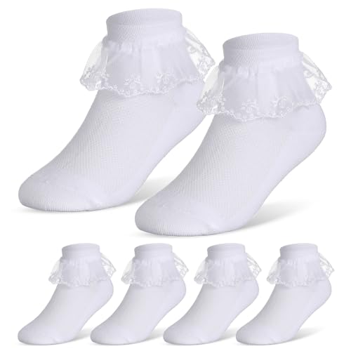 Geyoga 3 Paar Mädchen Rüschen Spitze Socken Kleinkind Weiße Lace Socken Schule Socken Knöchel Ballett Socken (Klassisch, 5-7 Jahre)