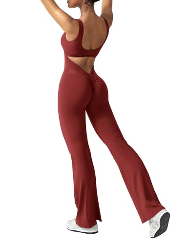 ZAAYO Damen Flared Jumpsuit Tight Scrunch Butt Overalls Lang Ärmelloser Sport rückenfrei Jumpsuit Yoga Bodycon Einteiler Ganzkörperanzug Stretch Elegant Jumpsuits Burgundy Small