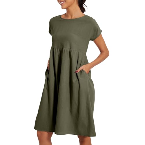 UNIQTA Sommerkleider für Damen, Übergröße, lässig, locker, einfarbig, Strandkleid, kurzärmelig, Rundhalsausschnitt, Bluse, Midi-Kleid mit Taschen, grün, XXXXXL