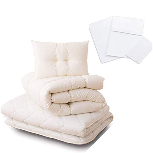 EMOOR Japanische Faltbarer Futon Matratze für Tatami CLASSE mit Baumwolle Spannbetttuch, 100 x 200 cm (Weiß), Hergestellt in Japan, Bodenmatratze Baumwolle