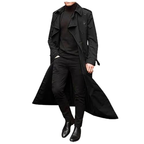 Herren Klassisch Länge Zweireihiges Revers Trenchcoat Casual Slim Fit Ultradünner Windbreaker Stilvoll Outdoor Winddichter Sonnenmantel Schwarz L