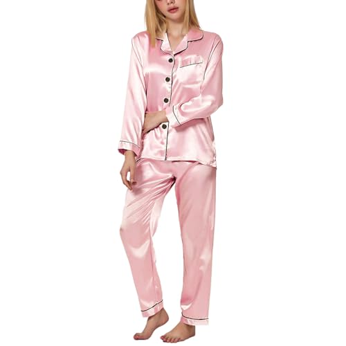 TANTOMI Schlafanzug Damen Satin, Pyjama Set Zweiteiliger Nachtwäsche Hausanzug mit Knopfleiste Kuschel V-Ausschnitt Langarm Satin Schlafanzug Damen