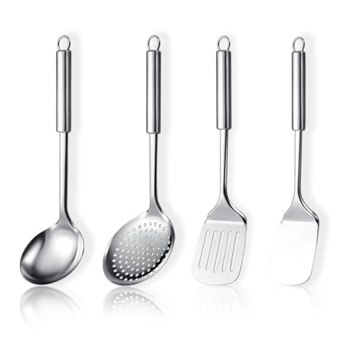 ReaNea Edelstahl Kochutensilien Set 4-teilig, Küchenwerkzeug Set enthält Metallspatel-Set, Küchenabschäumer, Suppenkelle, Küchenhelfer Essentials Neues Zuhause muss haben