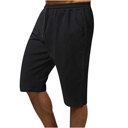 EMATOP Sommerhose Herren Kurz Leinen Hose Casual Sport Leinenhose Sommer Baumwolle Strandhose Elastische Taille Strandshorts Einfarbig Leichte Laufshorts mit Taschen Wanderhose für Männer