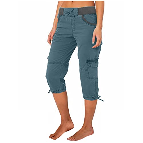 EMATOP 3/4 Sporthose Damen Sommer Cargohosen Einfarbig Regular Fit Freizeithose Hohe Taille Vintage Caprihose Jogginghose mit Taschen Arbeitshose Kurze Sommerhosen Pumphose Stoffhose