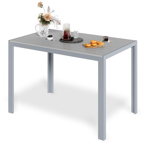 LIFERUN Gartentisch, Aluminiumrahmen, 110 x 70 cm, WPC-Balkontisch, wetterfest, rechteckiger Terrassentisch, Esstisch für draußen, hitze- und wetterbeständig, rutschfest – Ganz Grau