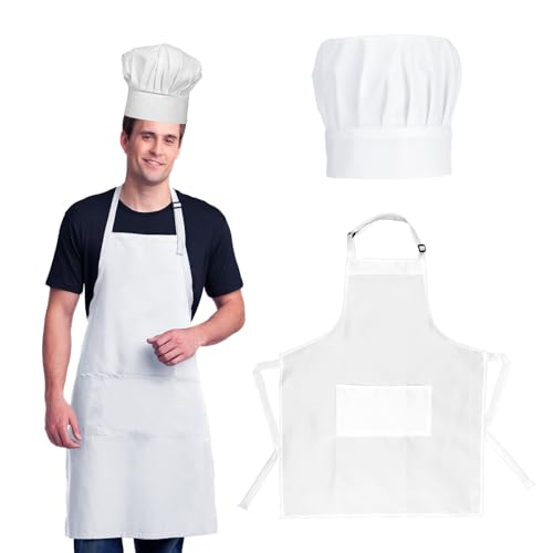 Kochmütze Schürze Set Erwachsene Kochmütze und Schürze Verstellbare Weiß Kochmütze Wasserdicht Ölbeständig Backschürze mit 2 Taschen Koch Kostüm für Hause Küche Restaurant Hotel