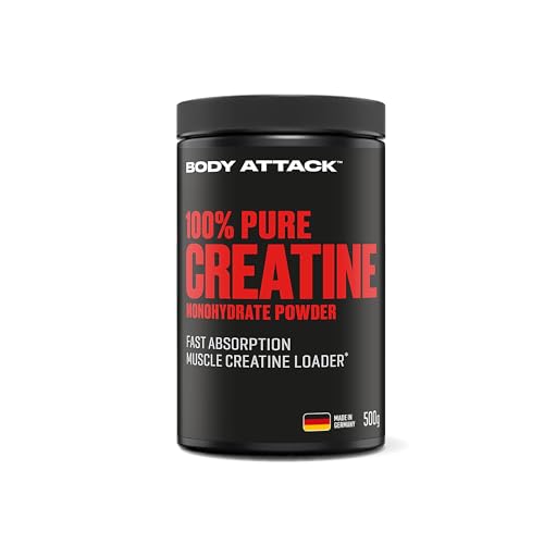 Body Attack Creatin Monohydrat 500 g Pulver - Made in Germany - hochwertiges mikrofeines Kreatin Monohydrat - Reines Kreatin Pulver zum Selbstdosieren - Produkt der Kölner Liste - gute Löslichkeit