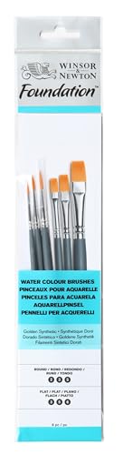 Winsor & Newton 5295015 Foundation Pinsel Set, 6 Pinsel, kurzer Stiel Rund Nr. 2, 3 und 5, Flach Nr. 3, 5 und 6