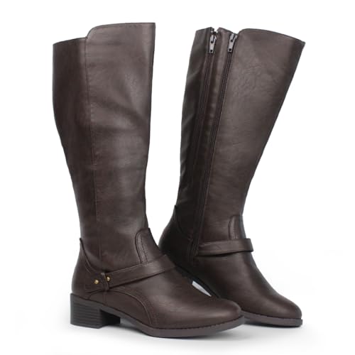 Hawkwell Damen-Reitstiefel mit breiter Wade und doppeltem Reißverschluss, Braun Synthetik EU 39