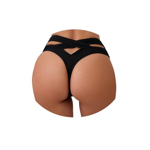 Generisch Damen Tanga Bikinihose Brazilian Style Muster String Bikini Hotpants High Waist Sexy Bauchweg Tanga Bikini Slip Strandbikinis (Schwarz, M)