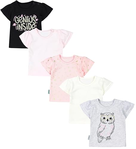 TupTam Baby Mädchen Kurzarm T-Shirt Gemustert Bunt 5er Set, Farbe: Genius Schwarz Eule Grau Meliert Herzen Apricot Rosa Ecru, Größe: 92